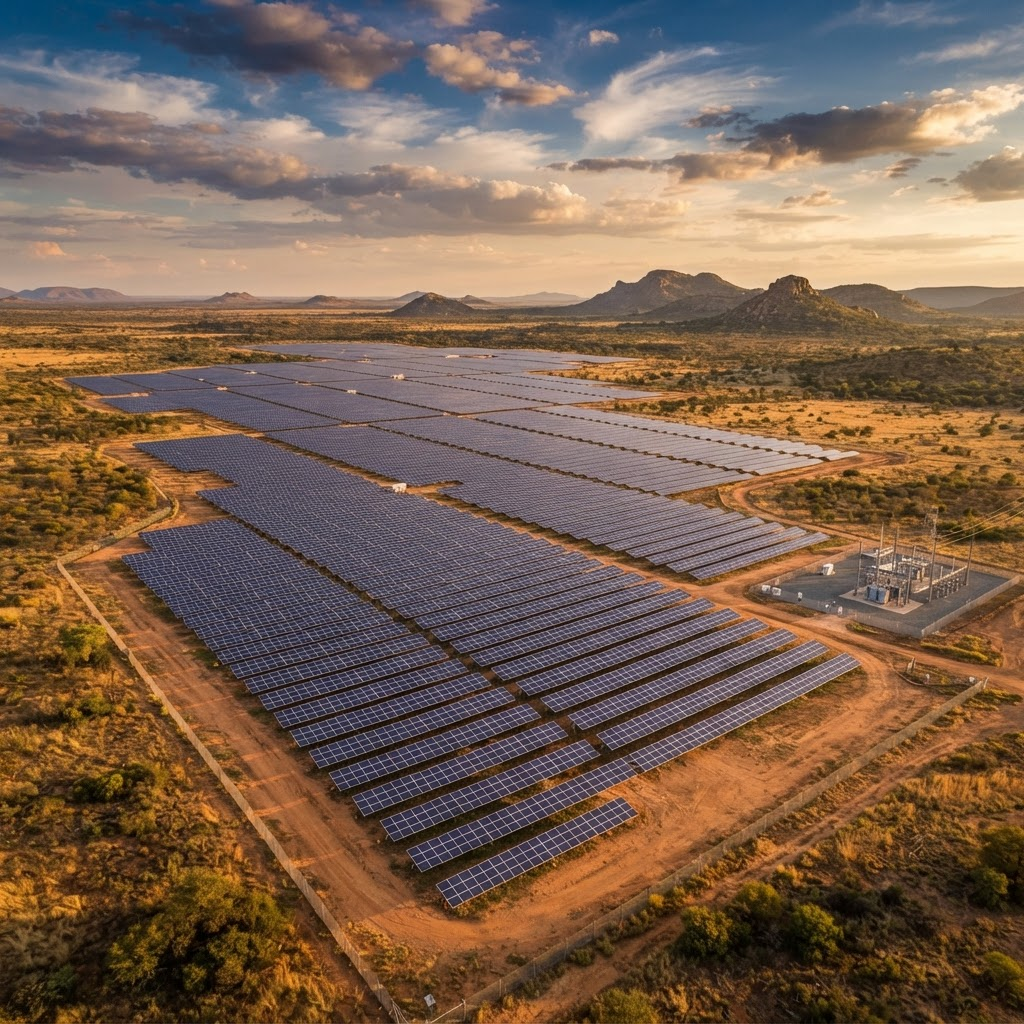 Aerial view of an operational solar photovoltaic farm in South Africa